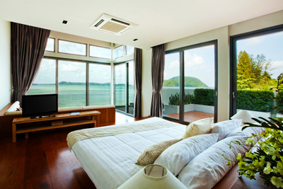 A bedroom overlooking the bay